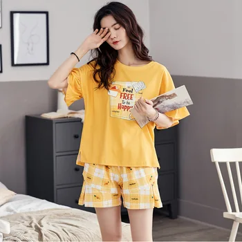 

Summer 2020 Loose Cotton Pajama Sets Women Cartoon Print 2 Pieces Set Short Sleeve Top + Shorts Elastic Waist Pyjamas