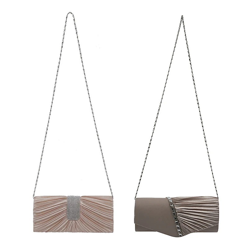 

ABZC-2 Pcs Ladies Party Wedding Bridal Prom Evening Diamond Clutch Bag: 1 Pcs Satin Pleated Handbag White & 1 Pcs Ruffle LY6682