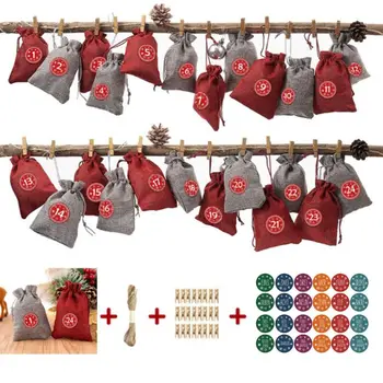 

24Pcs Advent Christmas Calendar Filling Candy Bag with Stickers Clips Drawstring 67JB