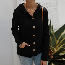 Кардиган в Корейском стиле, распродажа, Женский Повседневный Кардиган с карманами на пуговицах, винтажный черный Однотонный свитер с длинным рукавом размера плюс, вязаный свитер с капюшоном, топы