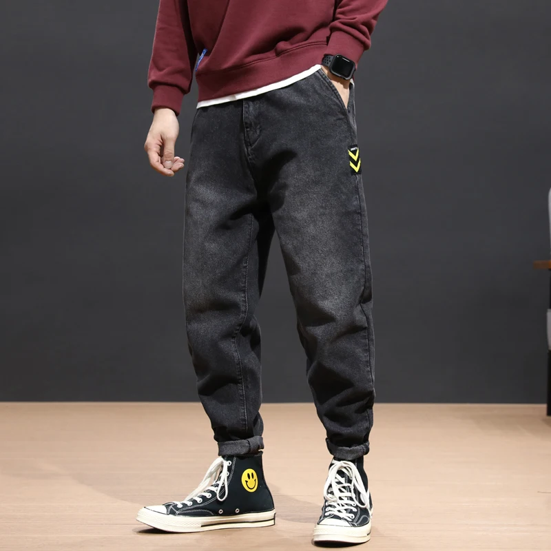 Black Friday Japanese Fashion Men Jeans Loose Fit Patches Designer Elastic Harem Pants Blue Gray Streetwear Hip Hop Jeans Men Pencil Pants