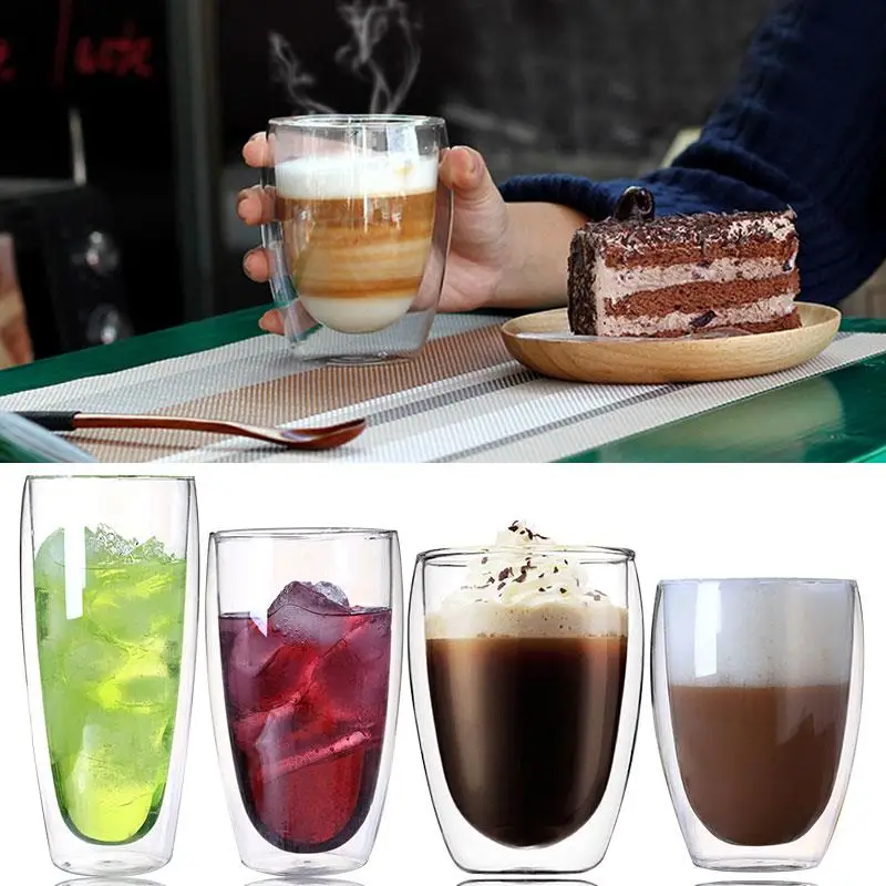 A298 80-600ml Coffee Mugs Beer Bar Milk Insulated Thermal Glass Cup Kitchen 