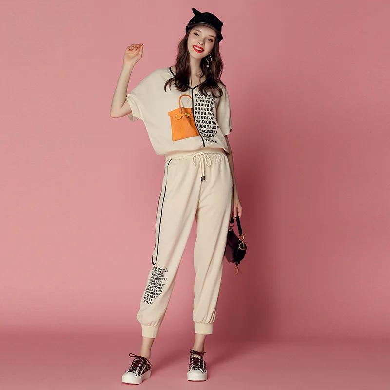 

2019 Summer New Non-mainstream V-neck Printed T-shirt + Drawstring Lace Ankle Banded Pants Sports Leisure Suit
