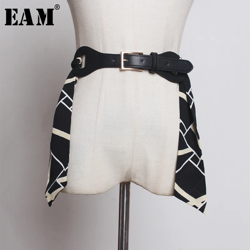 

[EAM] Pu Leather Chiffon Wide Contrast Color Long Belt Personality Women New Fashion Tide All-match Autumn Winter 2019 1A055