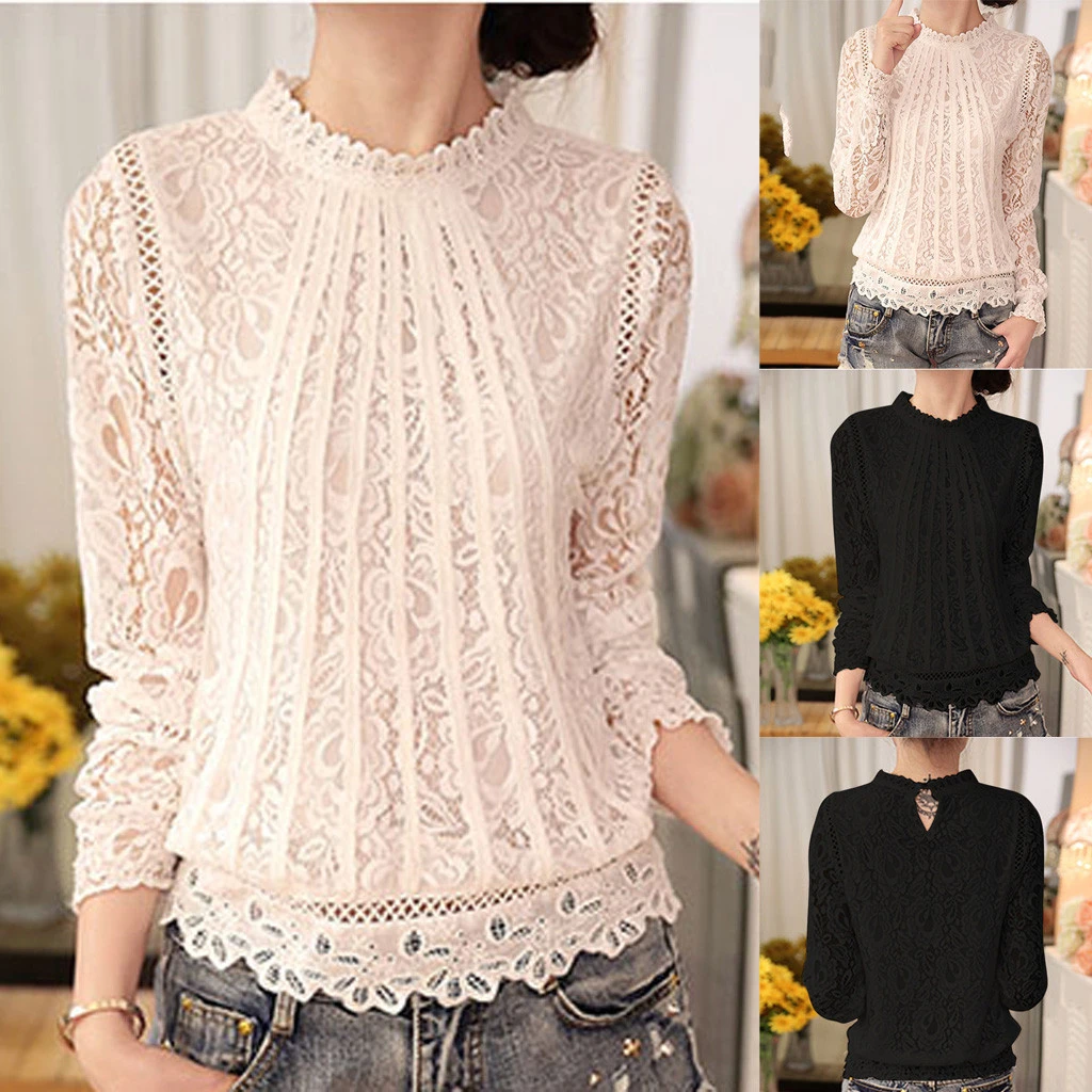 CHAMSGEND Lace Sexy Blouses Women Fashion Crochet Flower Blouses Elegant Loose Long Sleeve Tops Female Ladies 1030