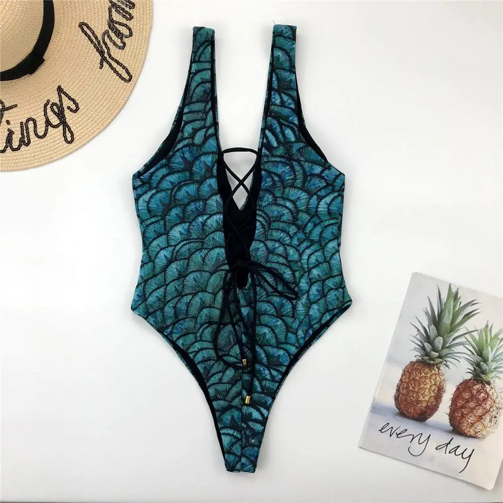 Темно-зеленый и рыбий чешуи печати на шнуровке цельный купальник женский высокий вырез сексуальный Монокини Купальный костюм девушка пляж купальники