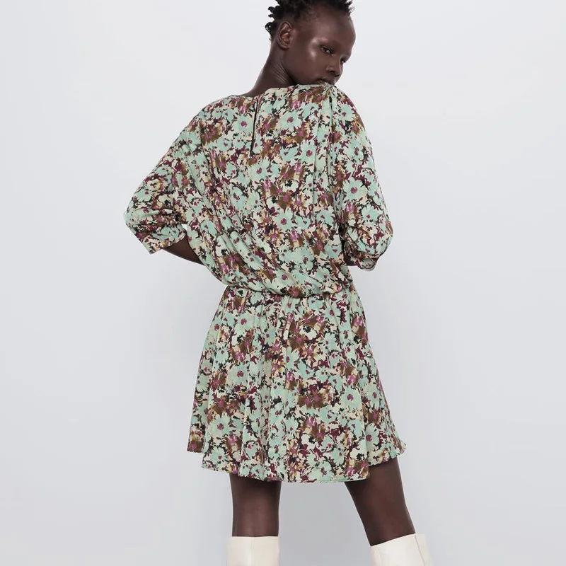 RR O Neck Dresses Women Fashion Floral Printed Dress Women Elegant Elastic Waist Half Sleeve Mini Dresses Female Ladies JAD