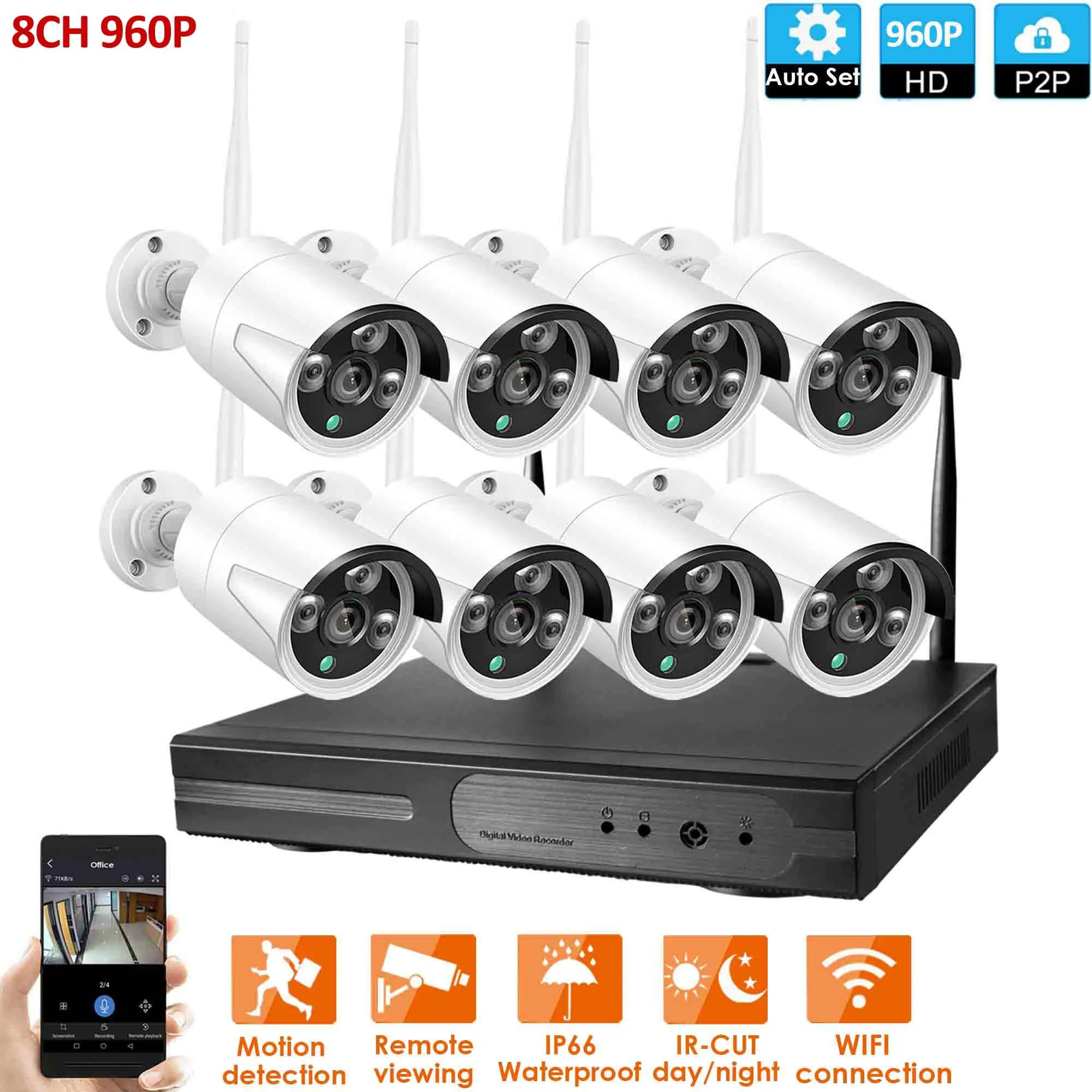 8CH система видеонаблюдения беспроводная 720 P/960 P/1080 P NVR 2.0MP IR наружная крытая P2P Wifi CCTV камера безопасности Система наблюдения NVR комплект - Цвет: 8CH 960P WIFI KIT