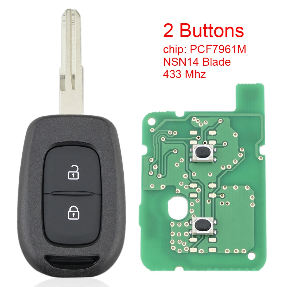 433MHz 2  Buttons Car Remote Key with  PCF7961M  Chip  and NSN14 Blade Fit for Renault Symbol Trafic Dacia Duster Logan new 2 buttons 433mhz remote car key with pcf7947 chip and ne73 blade auto replacement fit for twingo kangoo renault clio 3 dacia