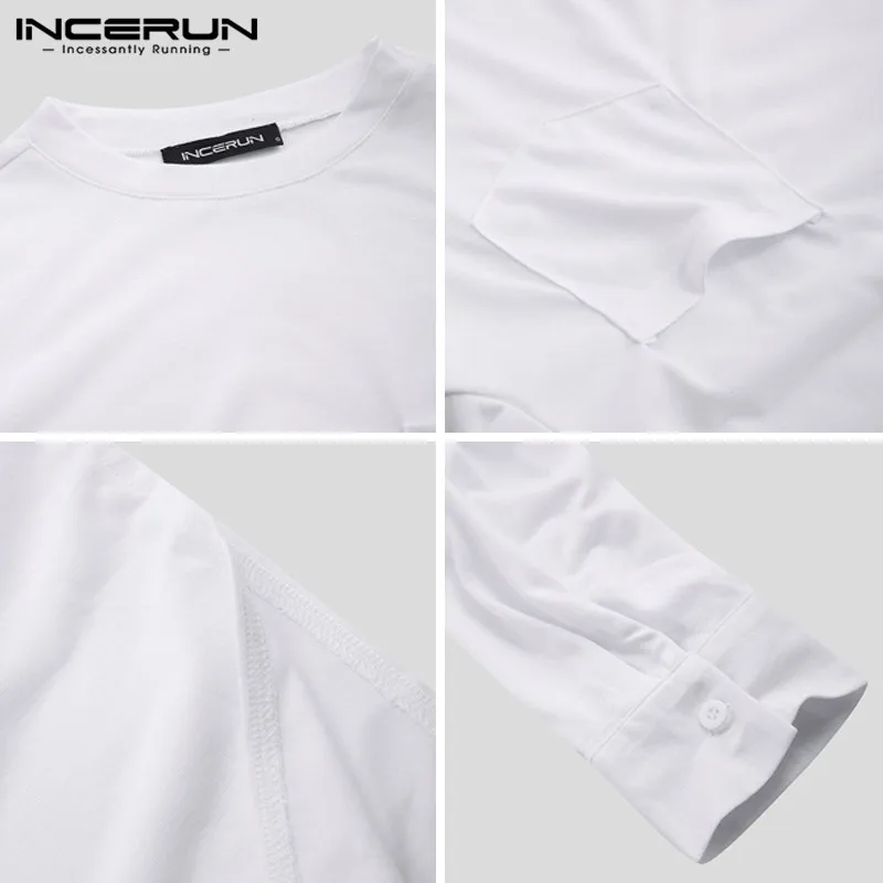 INCERUN Fashion Men T Shirt Solid O Neck Long Sleeve Pockets Hip-hop Tops Pakistan Casual Indian Long T-shirt Men Clothing