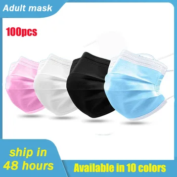 

100pcs Disposable Face Mask 3 Layers Non-woven Fabric Anti-dust Filter Breathable Cloth Black Adult For Face Mouth Mask Style