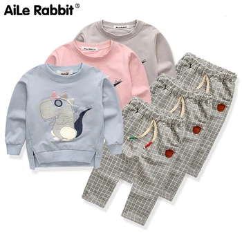 

Spring Autumn Kids Cartoon Banner Dragon Clothing Set Boy And Girl Casual Long Sleeves T-shirtplaid Pants 2pcs K1