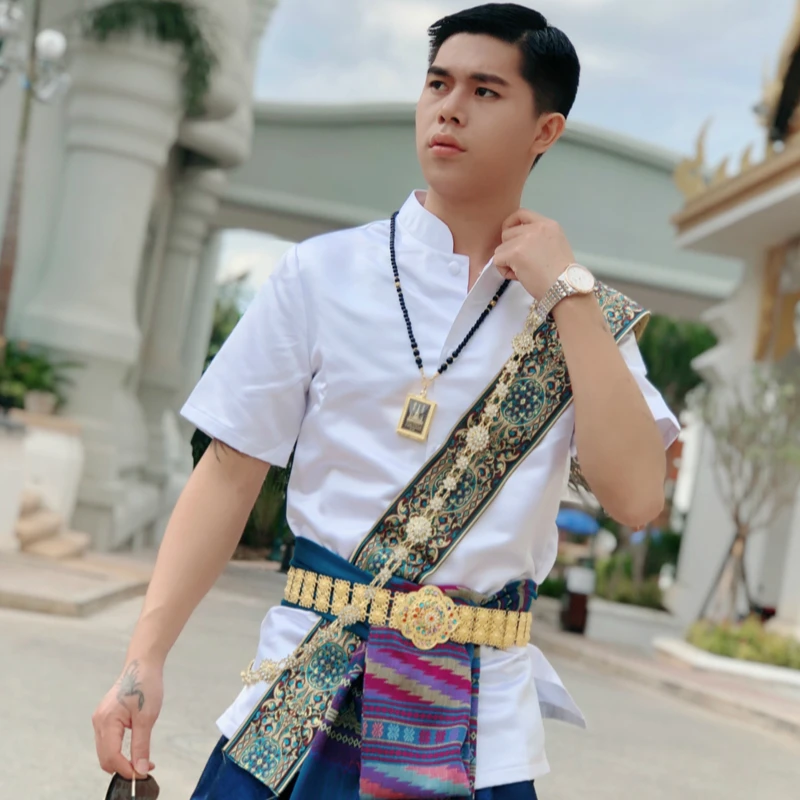 Thailand Traditional Clothing For Men Short Sleeves Laos Ahom Shan Thai Dai Customes Asian 