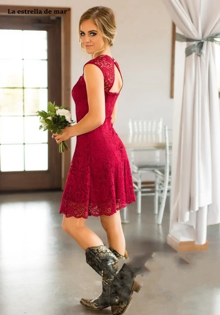 Vestidos de festa/новые кружевные Бордовые Платья для подружки невесты длиной до колена с квадратным воротником сзади, свадебное платье для гостей на заказ