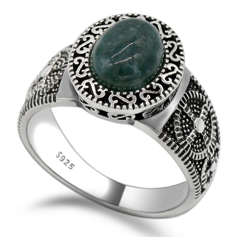 925 пробы Серебряное мужское кольцо с овальным зеленым натуральным ...