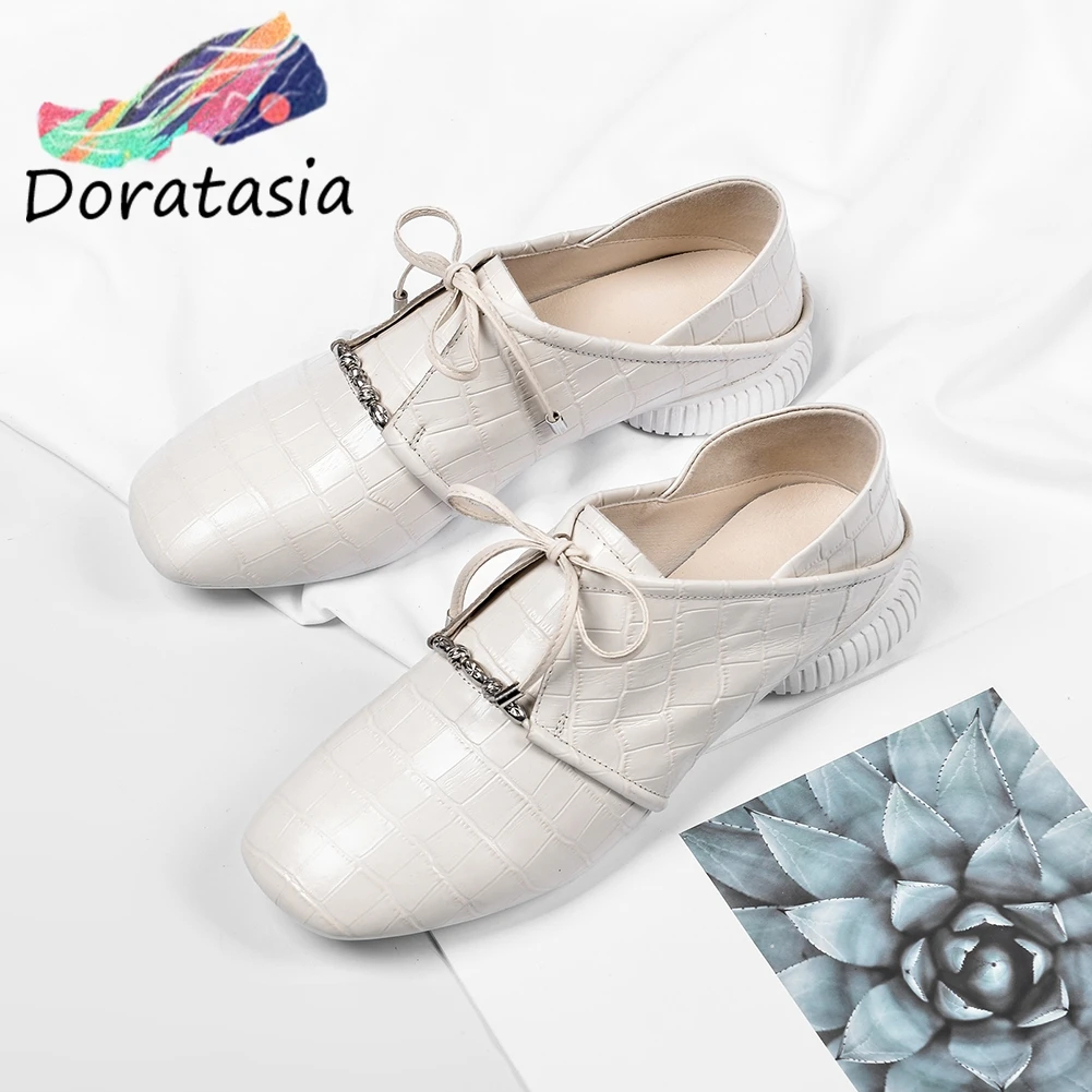 

RIBETRINI Brand Fashion Girl Lace Up Square Toe Genuine Leather Flats Flats Women Spring Consise Career Office Shoes Woman