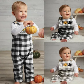 

Halloween Baby Boys Girls Pumpkin Plaid Print Romper jumpsuit+Bib Set outfit