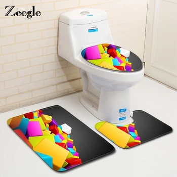 

Zeegle Bath Mat Non-slip Rug Bathroom Caroet Set Geometry Pattern Bath Rugs Absorbent Mat Floor Rug Toilet Seat Cover Set