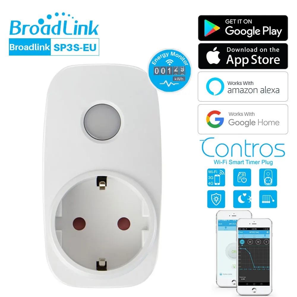 Broadlink SP3S Wifi Smart Plug стандарт ЕС с измеритель мощности синхронизации приложение управление Совместимо с Alexa Echo Google Home