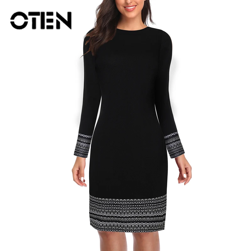 Женское Повседневное платье OTEN черное с круглым вырезом длинным рукавом в стиле