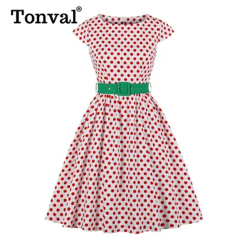 

Tonval Rockabilly Women O Neck Polka Dot Vintage Dress with Green Belt A Line Cap Sleeve Fit and Flare Elegant Pin Up Clothes