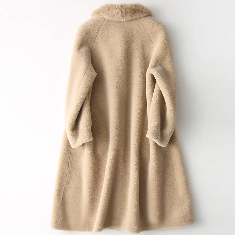 

Spring New Shearling Overcoat Women Long Style Mink Fur Collar Sheep Fur Coat Women Luxury Turn-down Collar LooseReal Fur Jacket