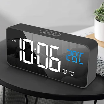 

Large LED Alarm Clock Mirror Voice Control Snooze Function Digital Table Clock with Temperature Music Dual Alarm Desk Clocks