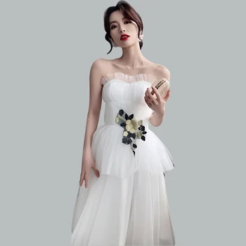 

White Crepe A-Line Prom Dresses CR439 Boat Neck Sleeveless Women Party Gowns 2020 Appliques Tea-Length Vestidos De Fiesta