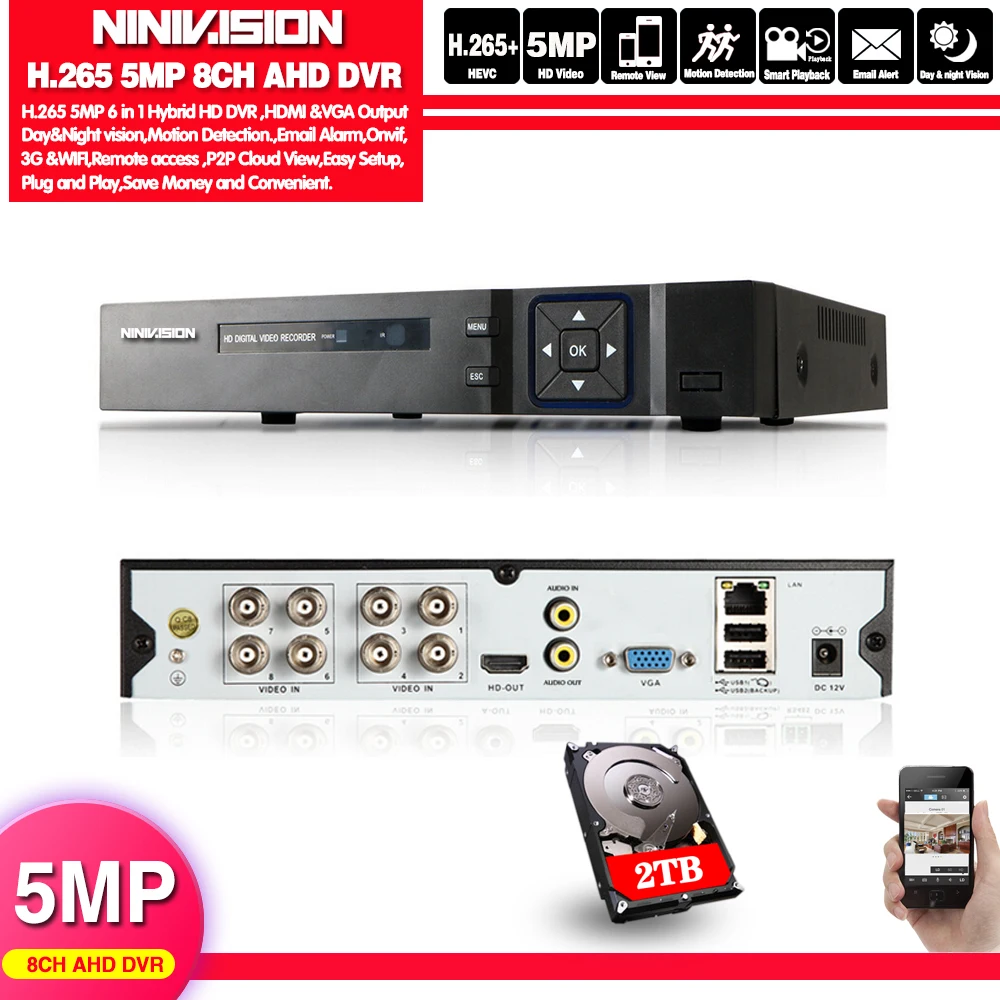 H.265 8CH 5MP 1080P 6 в 1 DVR видеорегистратор для AHD камеры аналоговая камера IP P2P NVR cctv