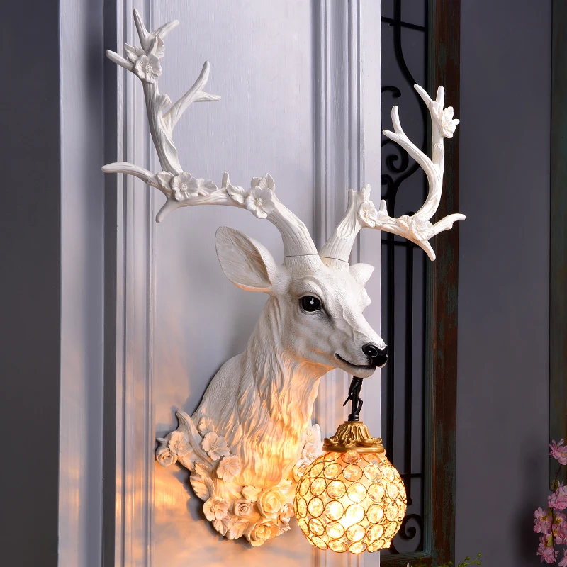 

Retro Antler Led Wall Lamp Art Living Room Background Wall Decoration Resin Deer Lamp Bedroom Dressing Table LIGHTING Wall Lamp