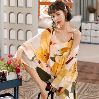 

Women 3Pcs Pajamas Set Viscose Spring Autumn Cotton Satin Loose Thin Elegant Sleepwear Set Cardigan Camisole Pants Homewear