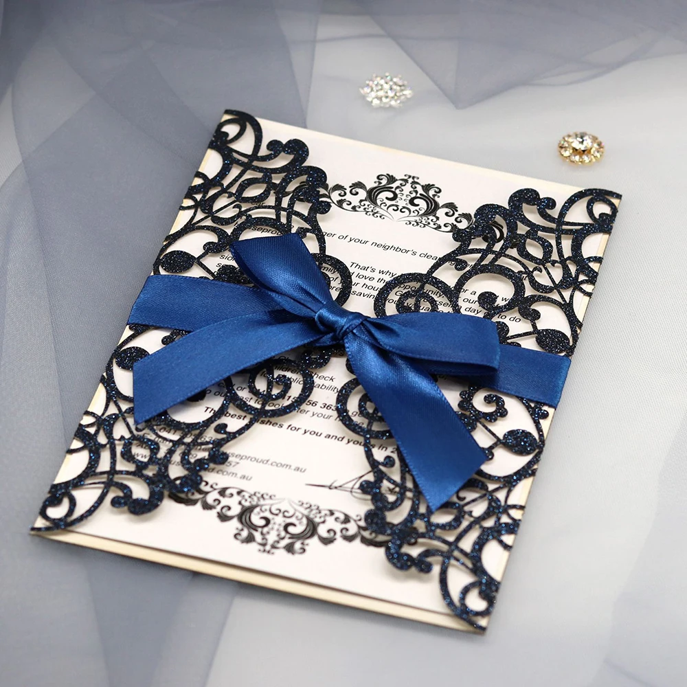  New 10pcs/Set Exquisite Glitter Paper Laser Cut Wedding Invitation Card With Ribbon Personalized We - 4000232019274