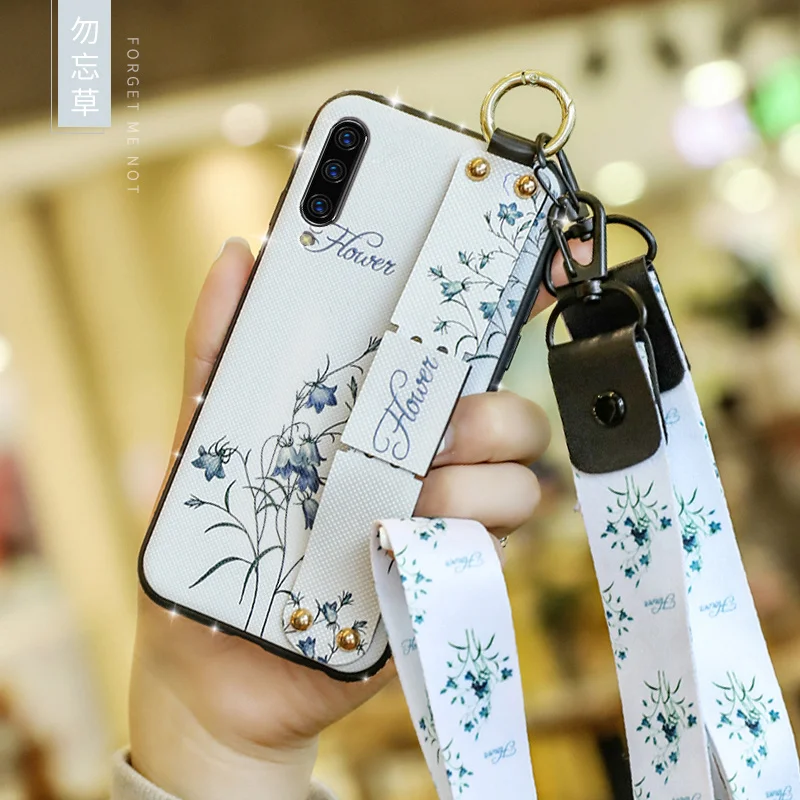 

Fashion Flower Pattern Wrist Strap Case With Lanyard Cover for Samsung S20 Ultra S7 S8 S9 S10 Note 10 Plus 9 8 Funda Shell Coque