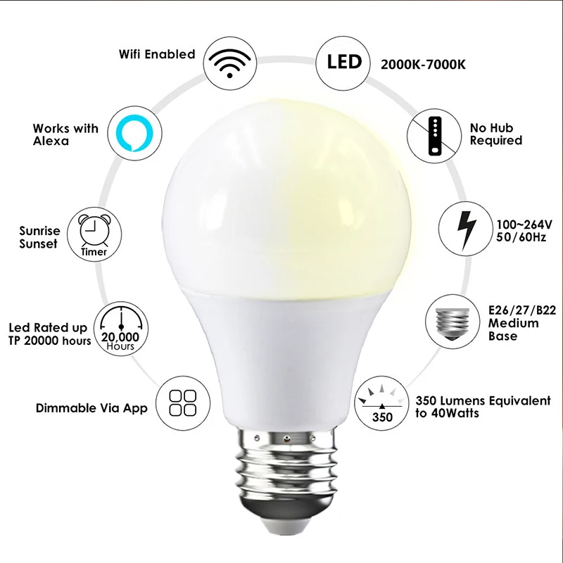 US Wifi Smart LED Light Bulb Amazon Alexa/Google Home App Control E27 /B22 Blubs 