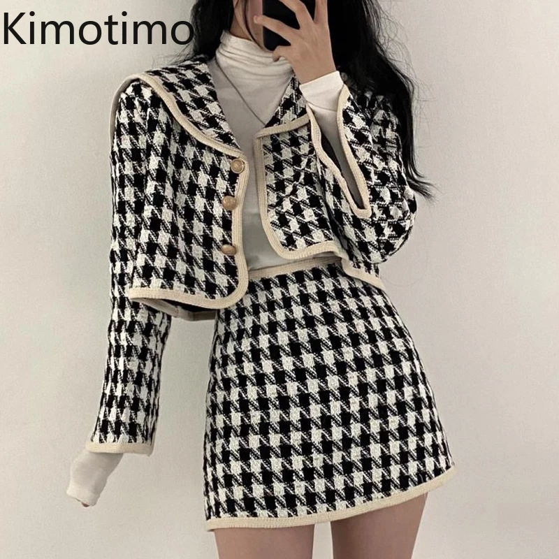 Kimotimo Women Plaid Tweed Set Korean Ins Vintage Sailor Collar Long Sleeve Crop Coat + High Waist Mini Skirt Two Piece Sets |