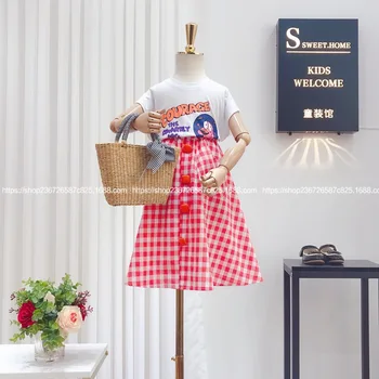 

Children's clothing 2020 summer new girl foreign style printing short-sleeved T-shirt single-breasted plaid skirt two-piece