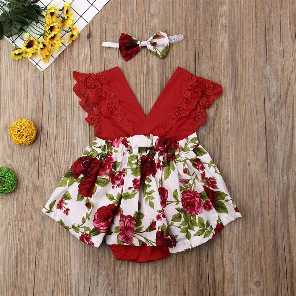 Летний комплект одежды для маленьких девочек, комбинезон с цветочным рисунком+ повязка на голову, платья с оборками, одежда для маленьких девочек, наряды для новорожденных