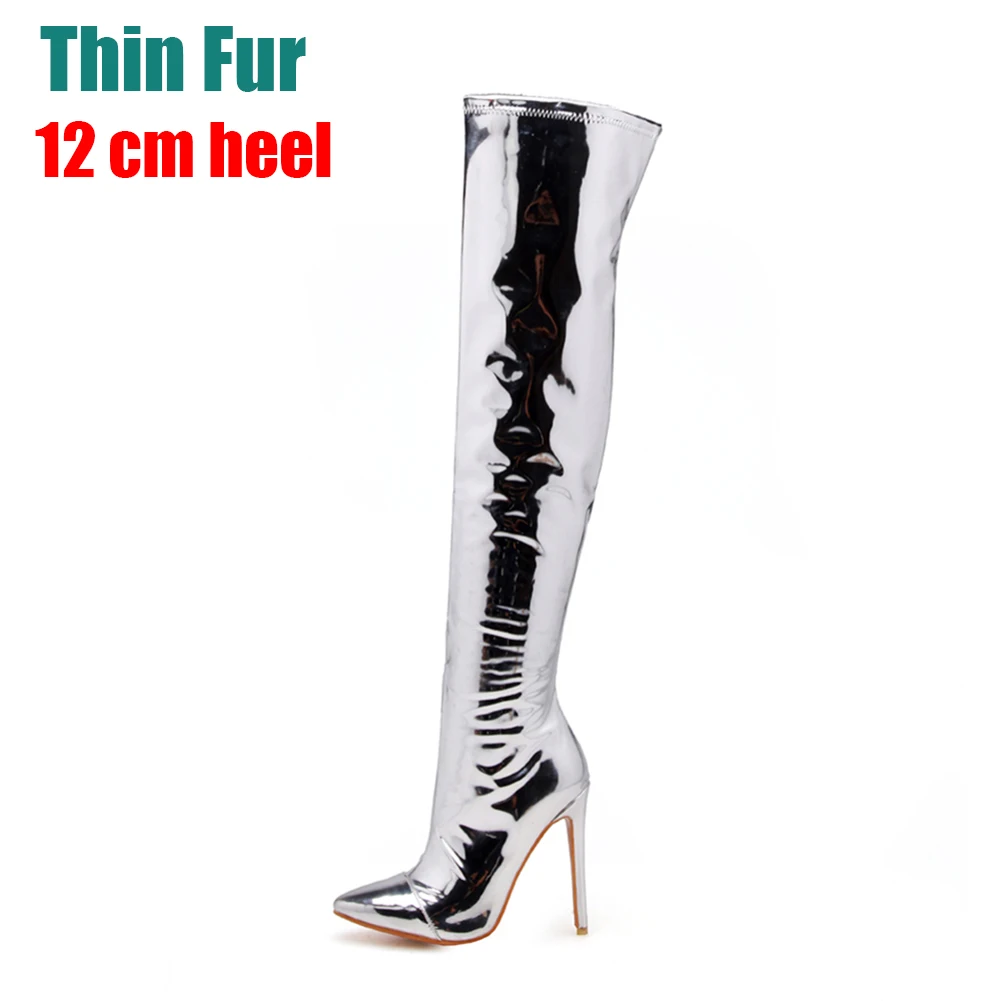 DORATASIA/Роскошные брендовые пикантные вечерние сапоги до бедра размера плюс 30-48, женские сапоги выше колена с металлическими вставками, женские туфли на высоком каблуке - Цвет: silver 12cm thin fur