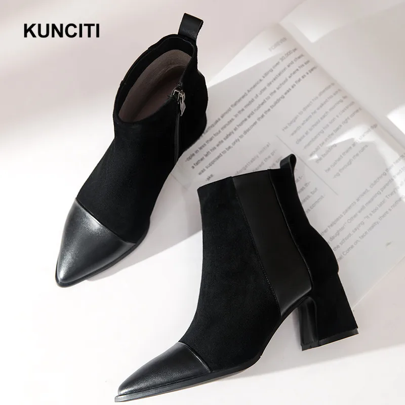 

2019 KUNCITI Pointed Toe Boots Female Chunky High Heel Ankle Booties Patchwork Ladies Autumn Boots Women Botas Mujer D9124