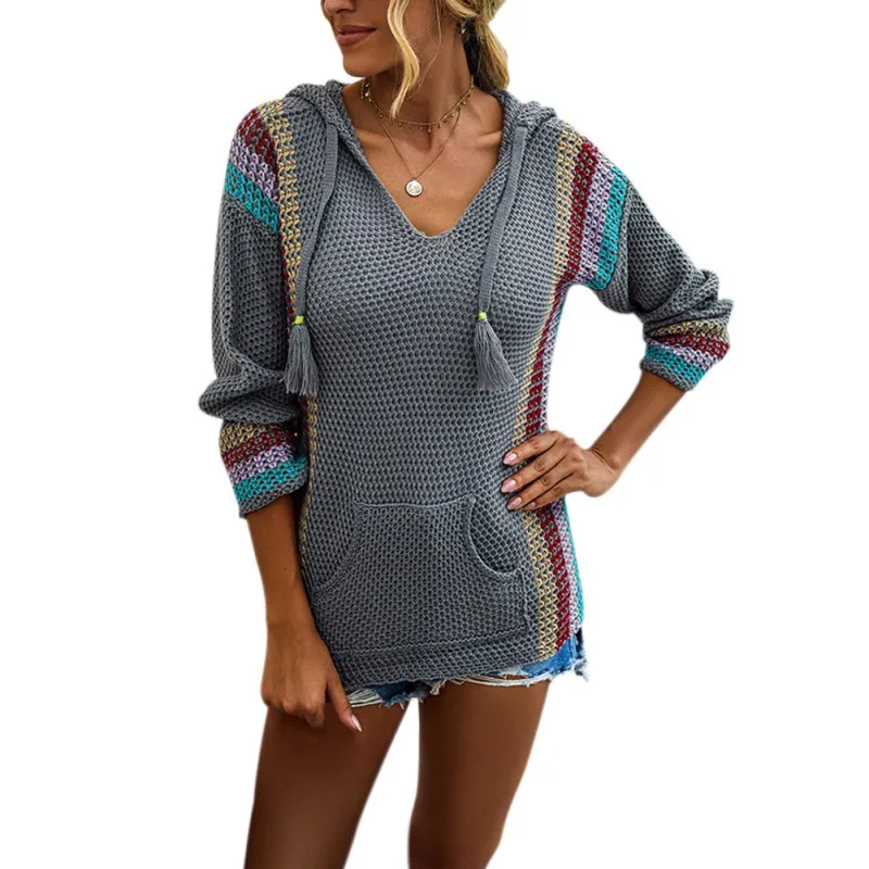 

Women's Sweater Tops Female Autumn Winter Fashion Long Sleeve Hooded Pullover Color Splice Knitted Sweater Blouses