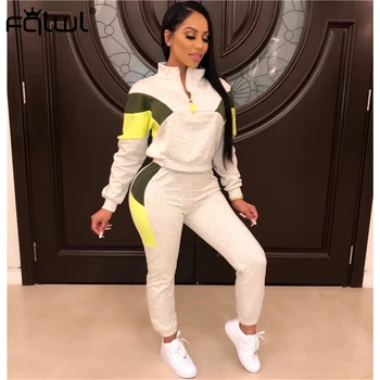 

FQLWL Streetwear Two Piece Set Women Sport suit Long Sleeve Crop Top and Sweat Pants Female Tracksuit Autumn Casual Matching Set