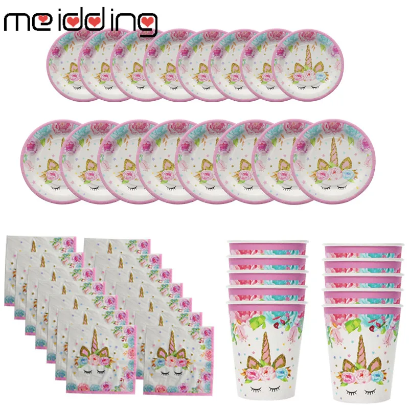 

MEIDDING 80/100pcs Unicorn Party Disposable Tableware Kids Unicorn Birthday Party Unicorn Festival Supplies Plates Napkins