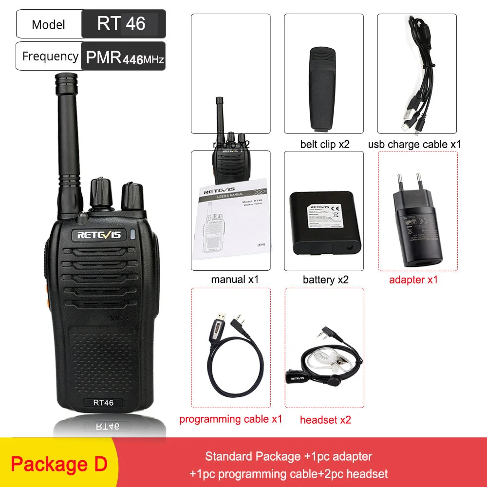 Пара RETEVIS RT46 Walkie Talkie PMR радио PMR446/FRS Портативное двухстороннее радио VOX Micro-usb зарядка Li-Ion(или AA) батарея - Цвет: Package D