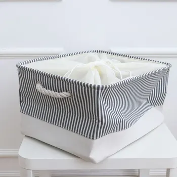 

Multi-function Storage Basket Stripe Pattern Storage Box Cotton Rope Handle Organizing Basket for Bedroom Living Room (Dark Grey