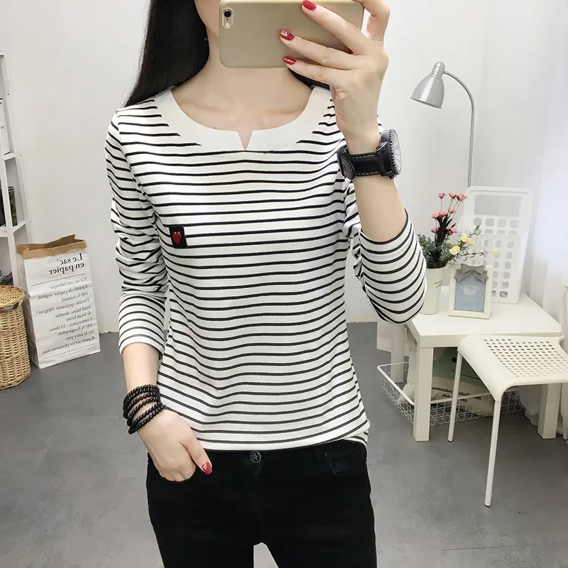 2022 Women Striped T Shirts Long Sleeve 95% Cotton Tops Casual Women Autumn T Shirts Tops Women TopsPull Femme524_voghion.com