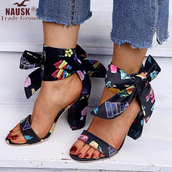 

Flock High Heel Summer Style Ribbon Sandals Vintage Black Fashion Ankle Strap Pumps Bow-knot Casual Shoes Woman Shoes Size 34-43