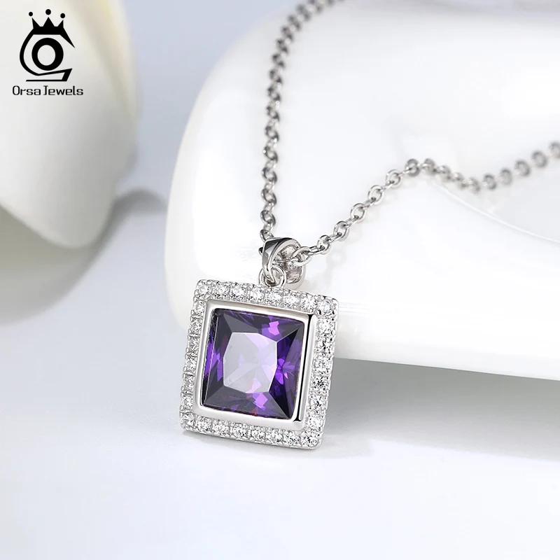 ORSA JEWELS Настоящее серебро фиолетовый кулон ожерелье высшего класса квадратной огранки циркон чистый 925 ожерелье вечерние ювелирные изделия класса люкс SN205