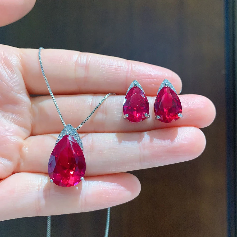 

2020 Trend Wedding Jewelry Sets for Women Synthetic Ruby Gemstone High Carbon Diamonds Pendant Necklace Earrings Female Gifts