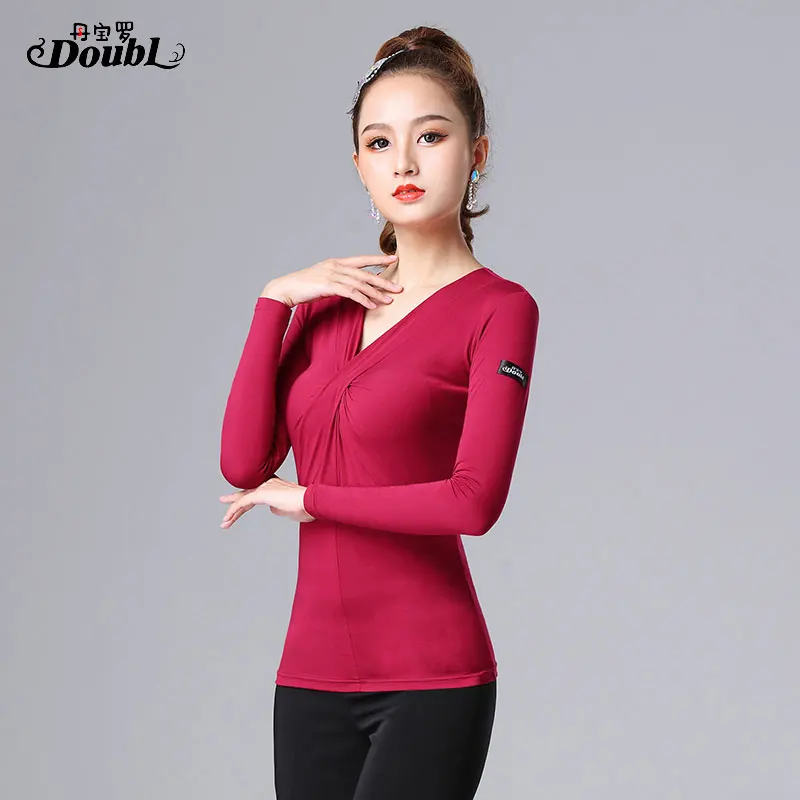 DOUBL Brand Latin Dance Training Clothes Female Adult Modern Dance Top V-neck Black National Standard Dance Blouse Dance Clothes