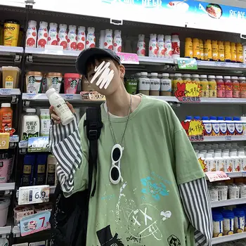 

2020 Autumn And Winter New Youth Popular Creative Graffiti Printing Loose Plus Size Fake Two Piece Stitching Long Sleeve T-shirt